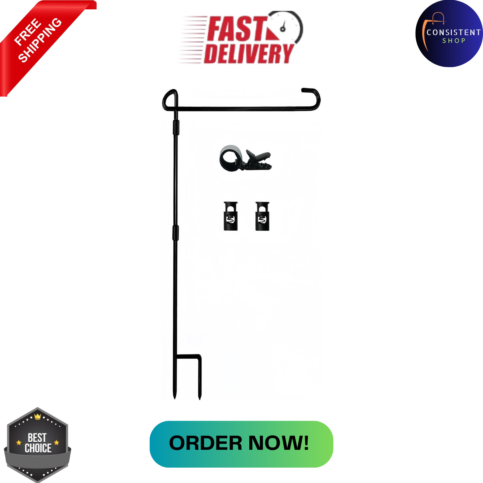 Garden Flag Stand-Holder-Pole with Garden Flag Stopper and Anti-Wind Clip for...