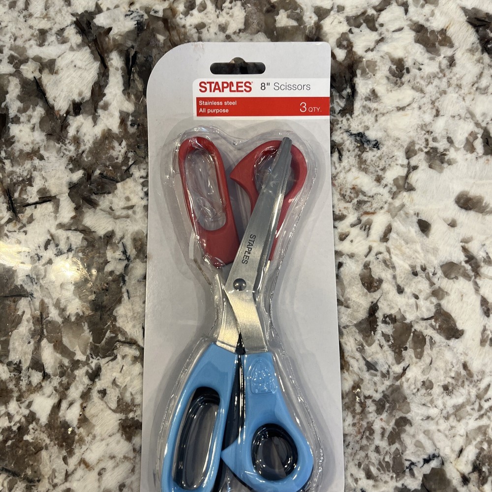 Staples 8" Bent All-Purpose Scissors, 3-Pack, Assorted Colors