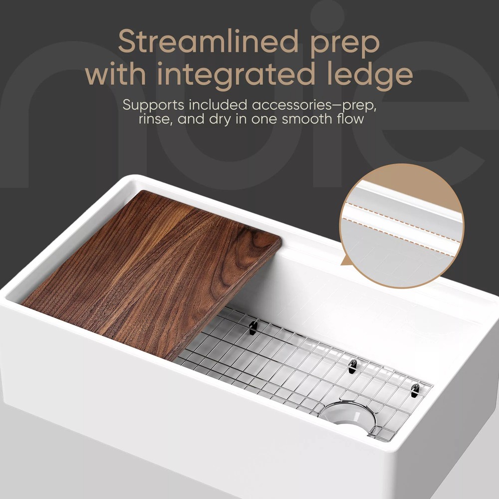 Nuie Fireclay Kitchen Sink with Ledge, Grid & Cutting Board 33x19x10"