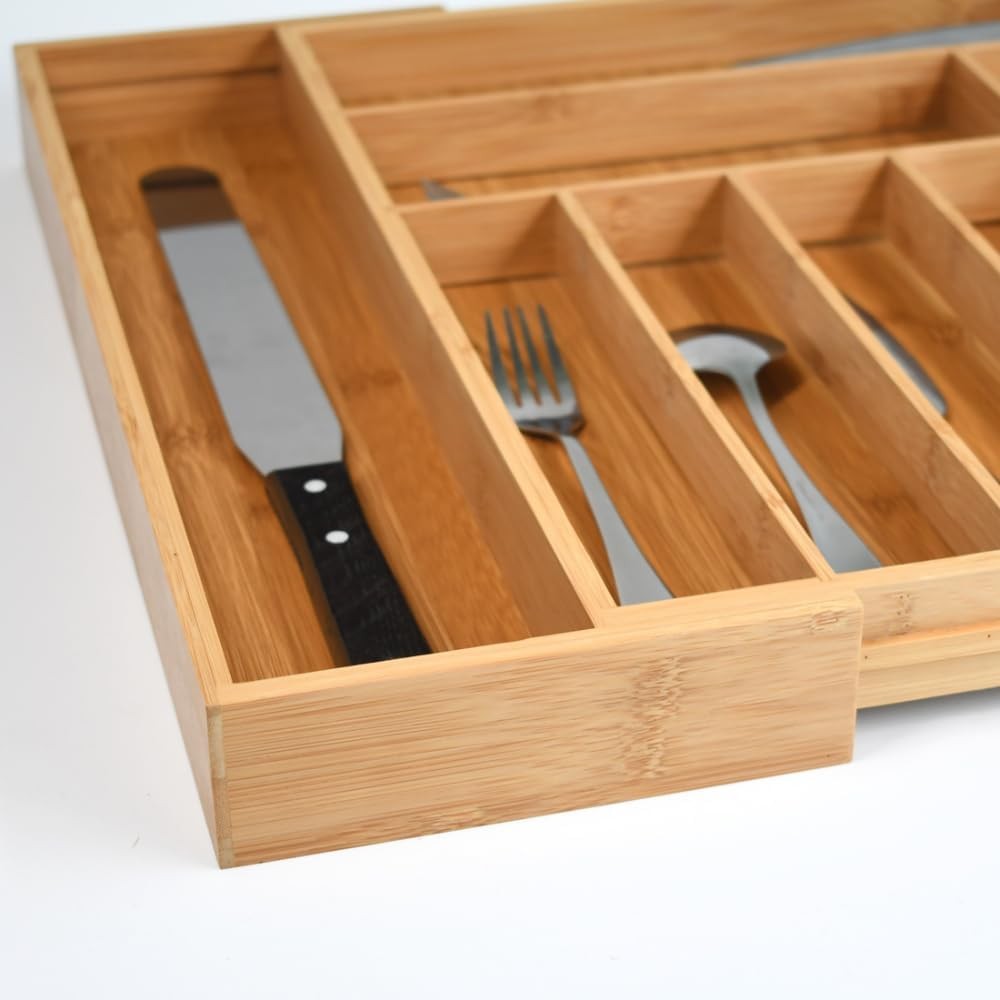 Bamboo Kitchen Drawer Organizer: Expandable Tray, Adjustable Natural