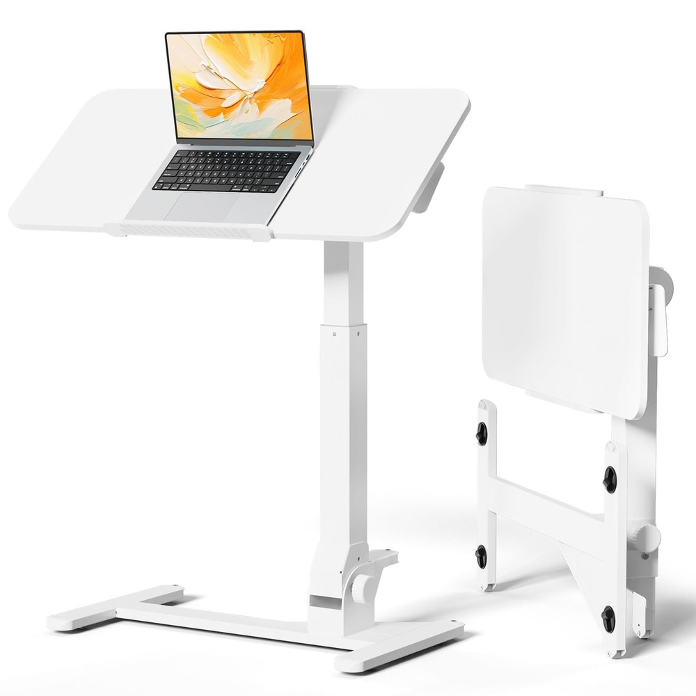 Foldable Overbed Bedside Table, 180° Tiltable Mobile Standing Desk with Wheel...