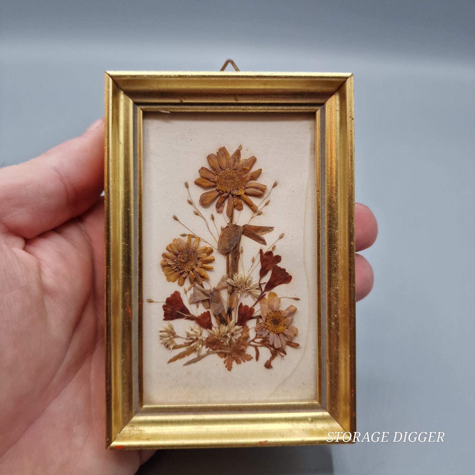 Vintage 1970's Reichlin Switzerland Pressed Dried Flowers Art Gold-Tone Frame