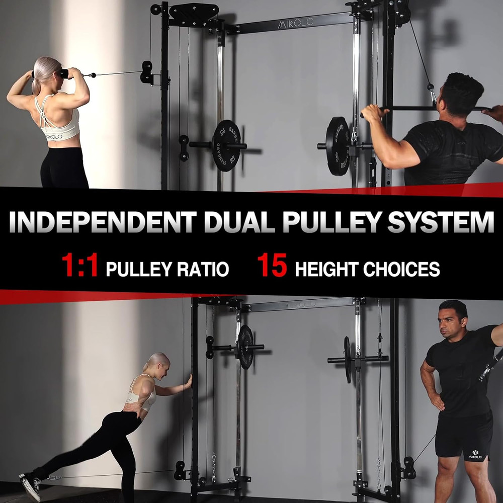 Mikolo Folding Squat Rack, Wall Mounted Power Rack with Cable Crossover Machine