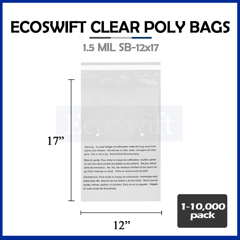 1-10000 12x17 EcoSwift Self Seal Suffocation Warning Clear Poly Bags Free Ship