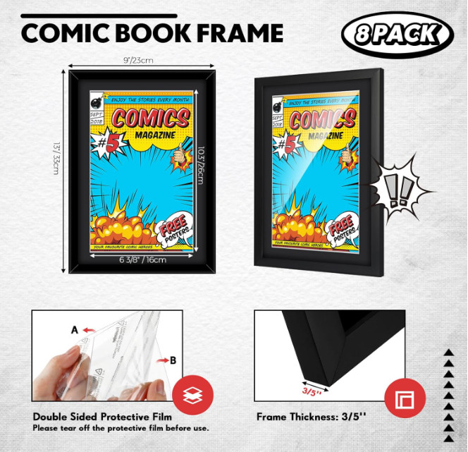 8 Pack Comic Book Frame Black Mat, UV Protection, Comic Picture Magazine Frames
