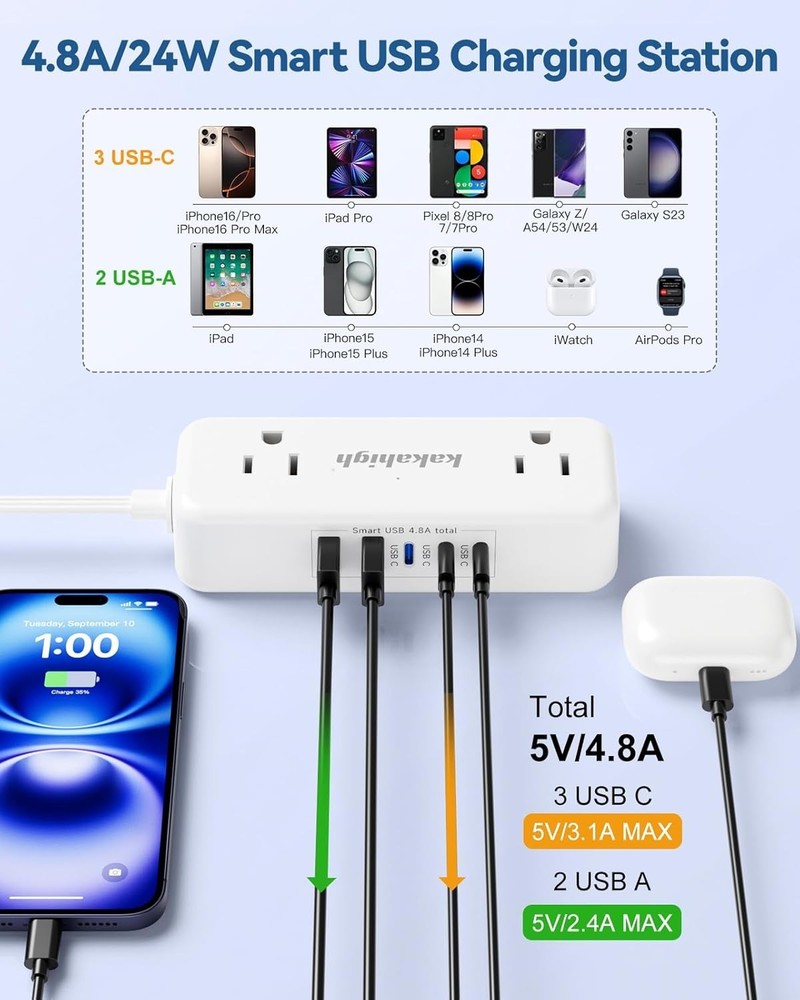 Split Extension Cord 10FT 5FT on Each Side, Single Flat Plug Twin Extension C...