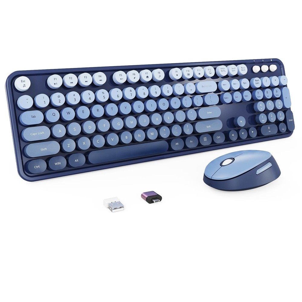 Wireless Keyboard Mouse Combo Retro Typewriter Round Keycaps Full Size Blue