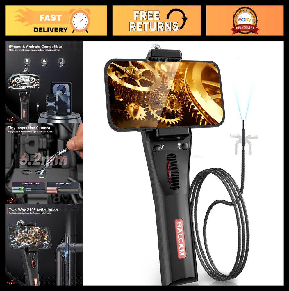 210° Articulating Borescope, 6.2mm Slim USB-C Endoscope Camera for Engine, Pipe