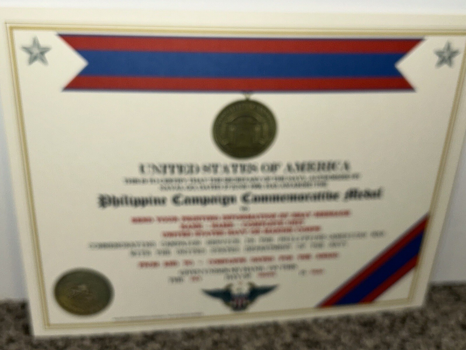 PHILIPPINE CAMPAIGN (NAVY) COMMEMORATIVE MEDAL CERTIFICATE ~ W/PRINTING TYPE-1