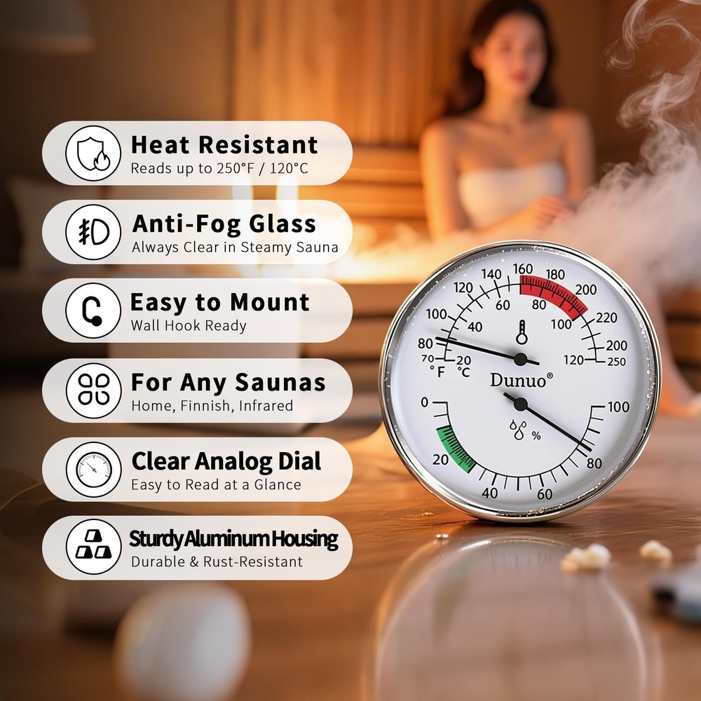 Dunuo 4-Inch Sauna Thermometer and Hygrometer Combo – Precise White