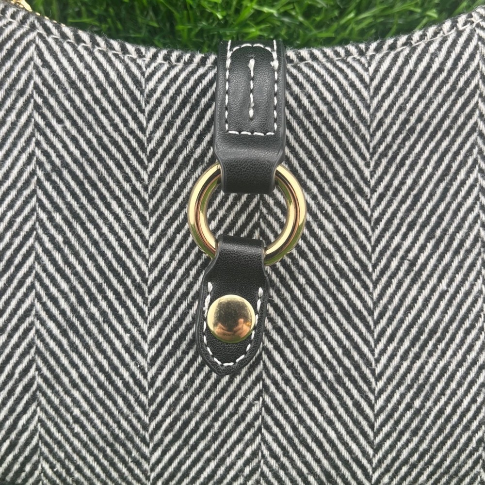 Chic Crescent Shoulder Bag Black White Herringbone Pattern Gold Accents