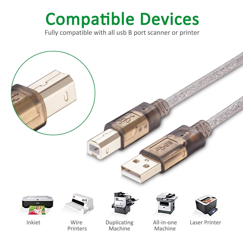 Printer Cable 20Ft,2.0 Scanner ['20 Ft/6M'], Translucent silver