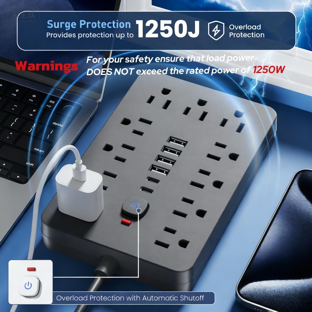 2PCS 6 FT Flat Plug Surge Protector Power Strip,11 Multiple AC Outlets with 6...