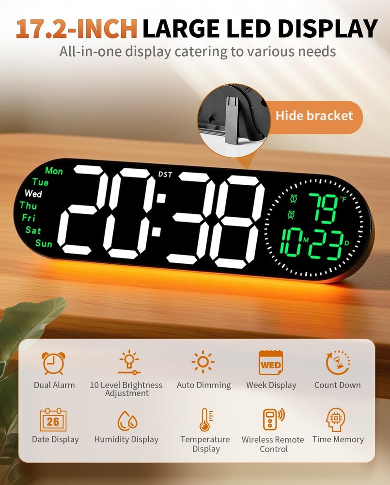 17.2 Inch Large Digital Wall Clock with 9 Color Changing Remote Control, Date...