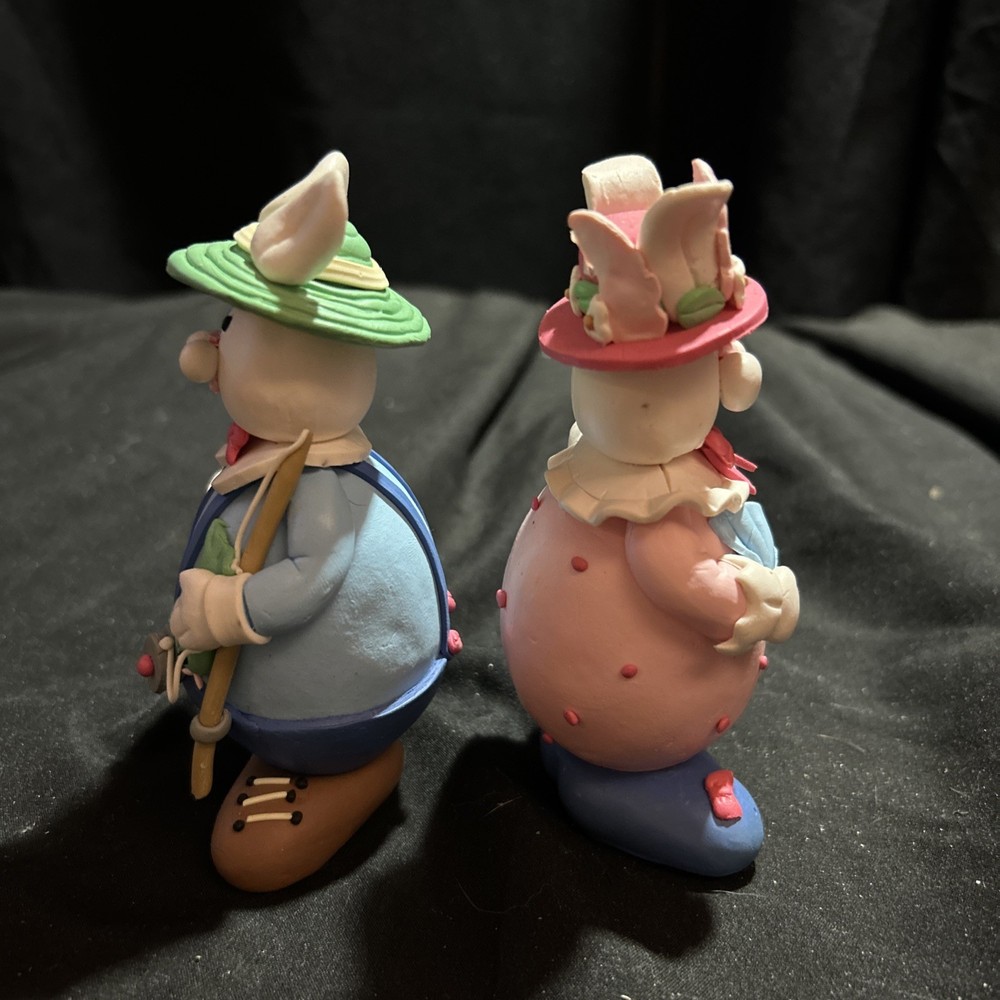 Poly Clay Easter Bunny Figurines 5” Pastel Rabbit Mr. and Mrs. Spring