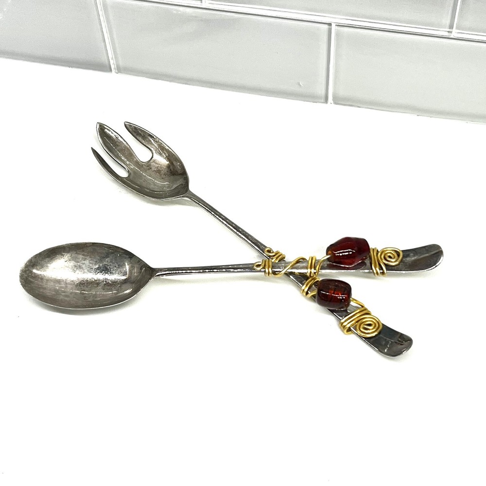 Decorative Serving Spoon & Fork Silver Plated w/ Wire Wrapped Stone Vintage