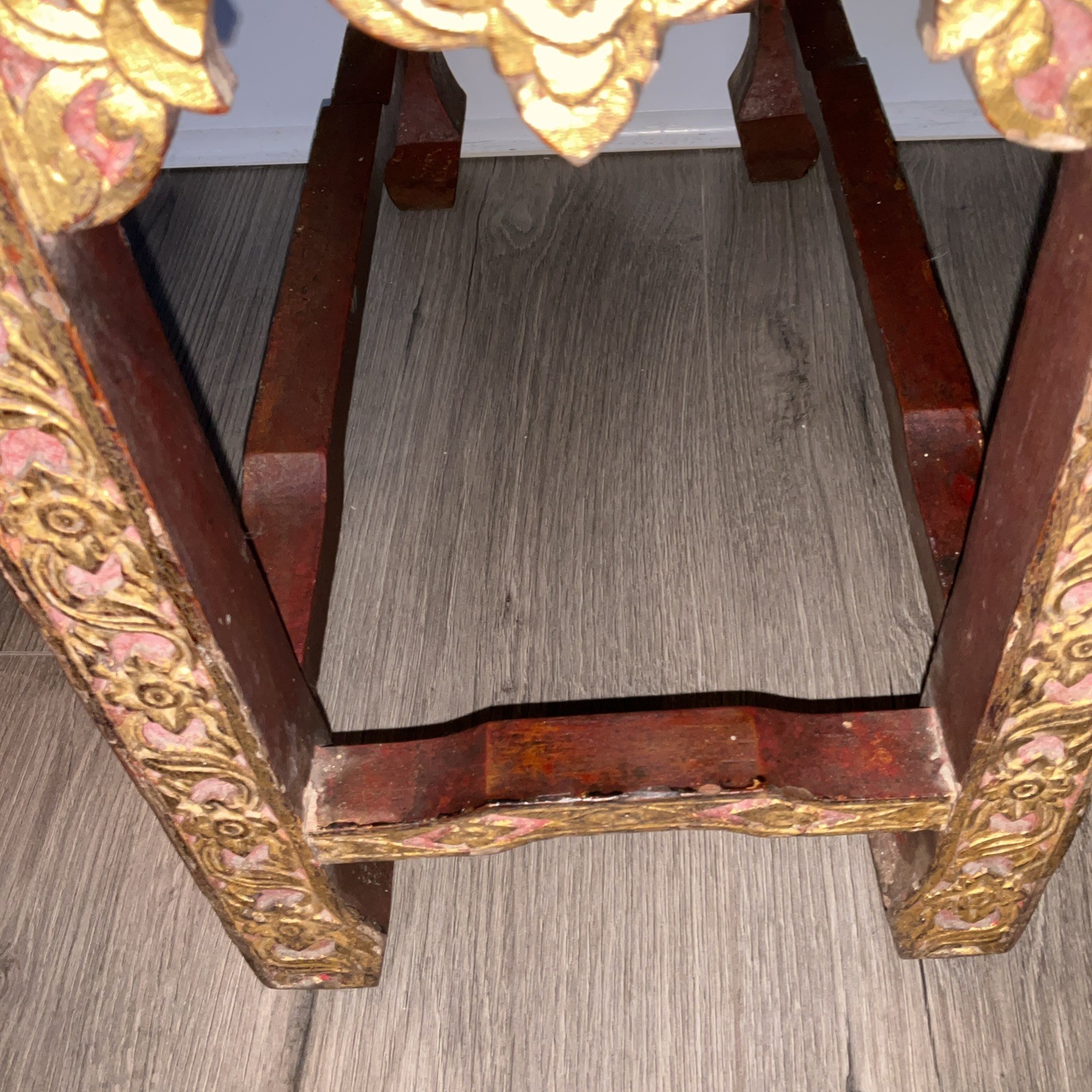 Hand Carved Asian Gilt Wood Altar Table Console – Ornate Gold Red Accent