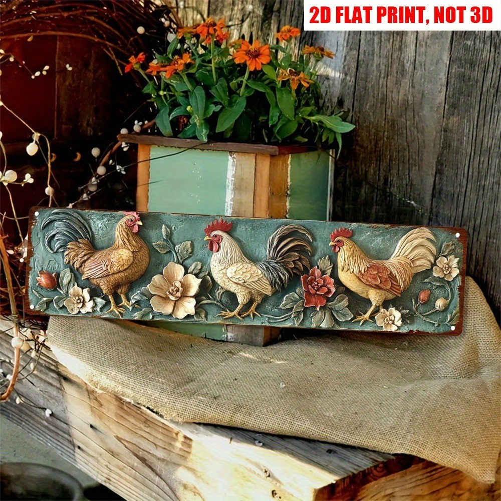 Retro Rooster Metal Sign Farmhouse Plaque Home Decor Rural Chicken Coop Wall Art