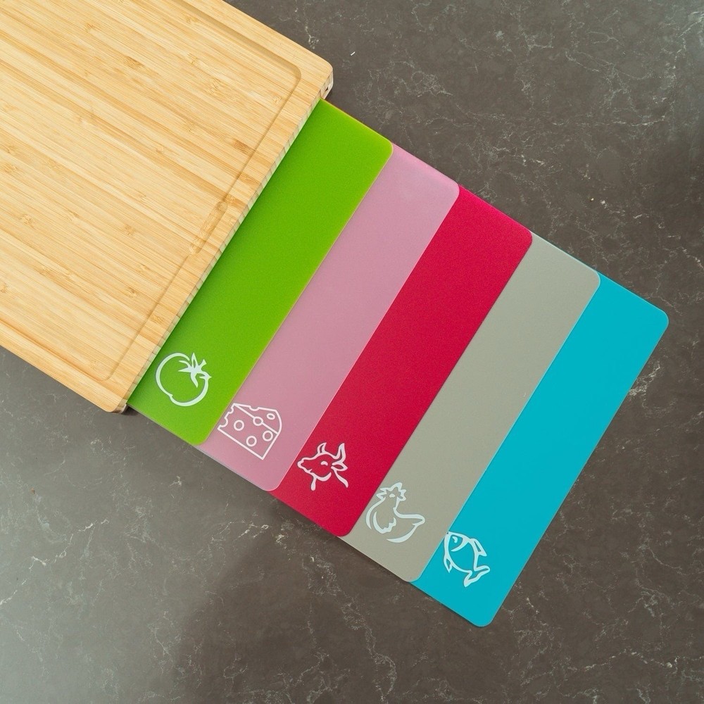 5 Piece Colour Coded Chopping Board Set with Stand Kitchen Cutting Boards NEW AU