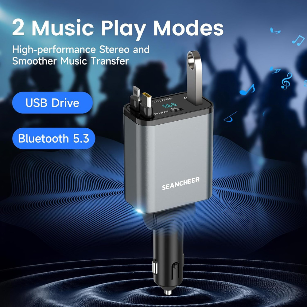 SEANCHEER Car Bluetooth Adapter & Car Charger USB C, 69W Cigarette Lighter Adapt