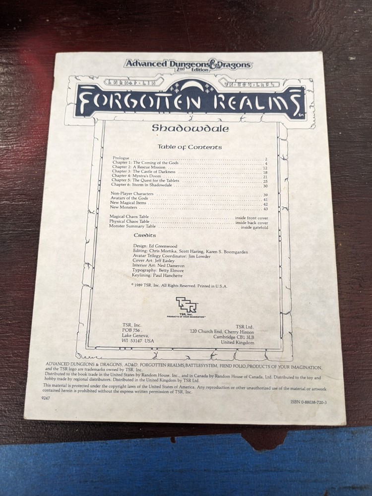 Shadowdale Forgotten Realms 9247 FRE1 TSR W/ Map