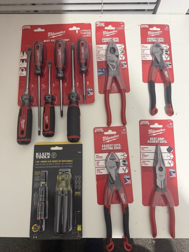 Milwaukee & Klein Tools 6pc Set: Screwdrivers, Pliers, Socket bundle deal