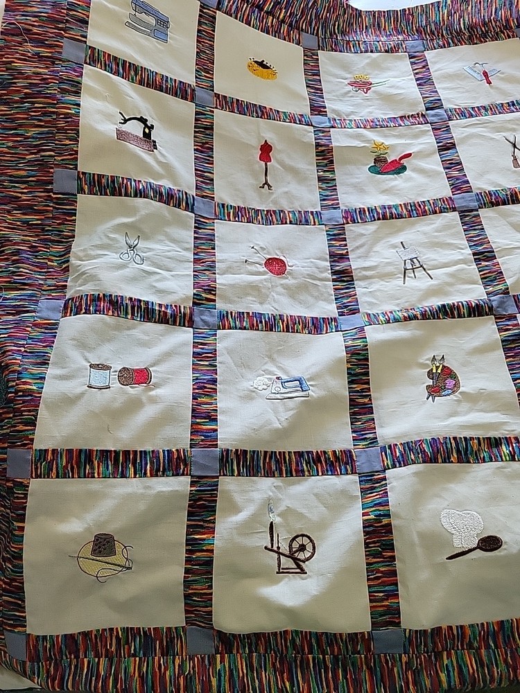 Machine stitched Patchwork Quilt Top Machine Embroidered Squares Sewing Themed