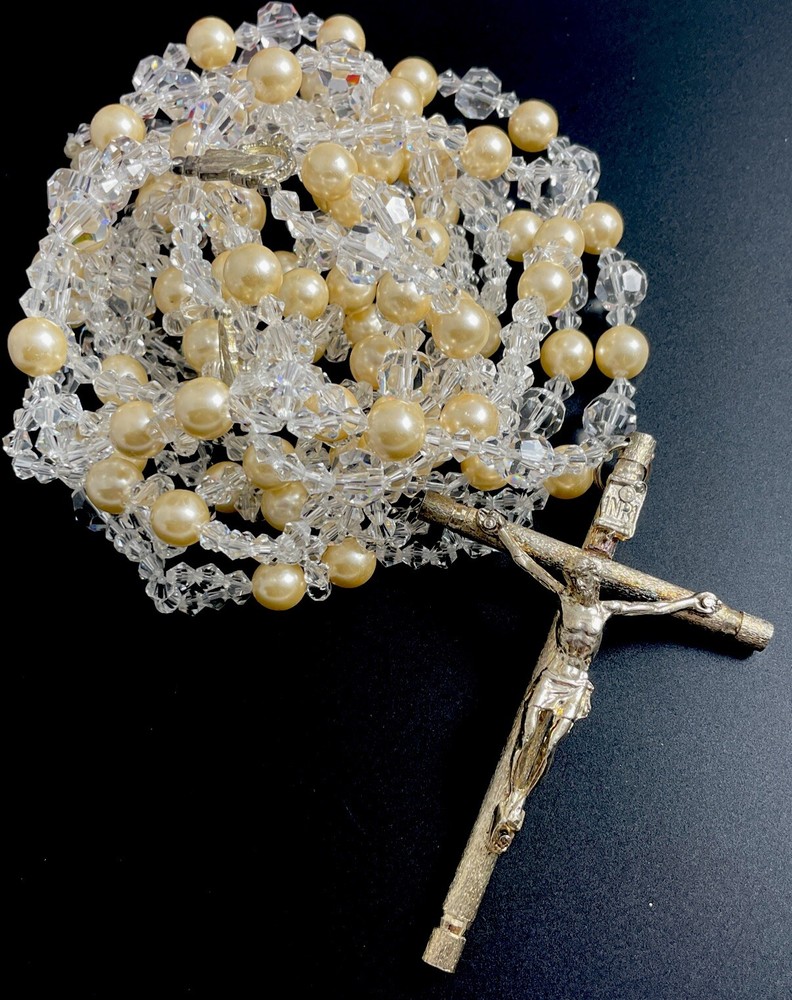 Vintage Catholic Crystal & Pearl Rosary Wedding Lasso