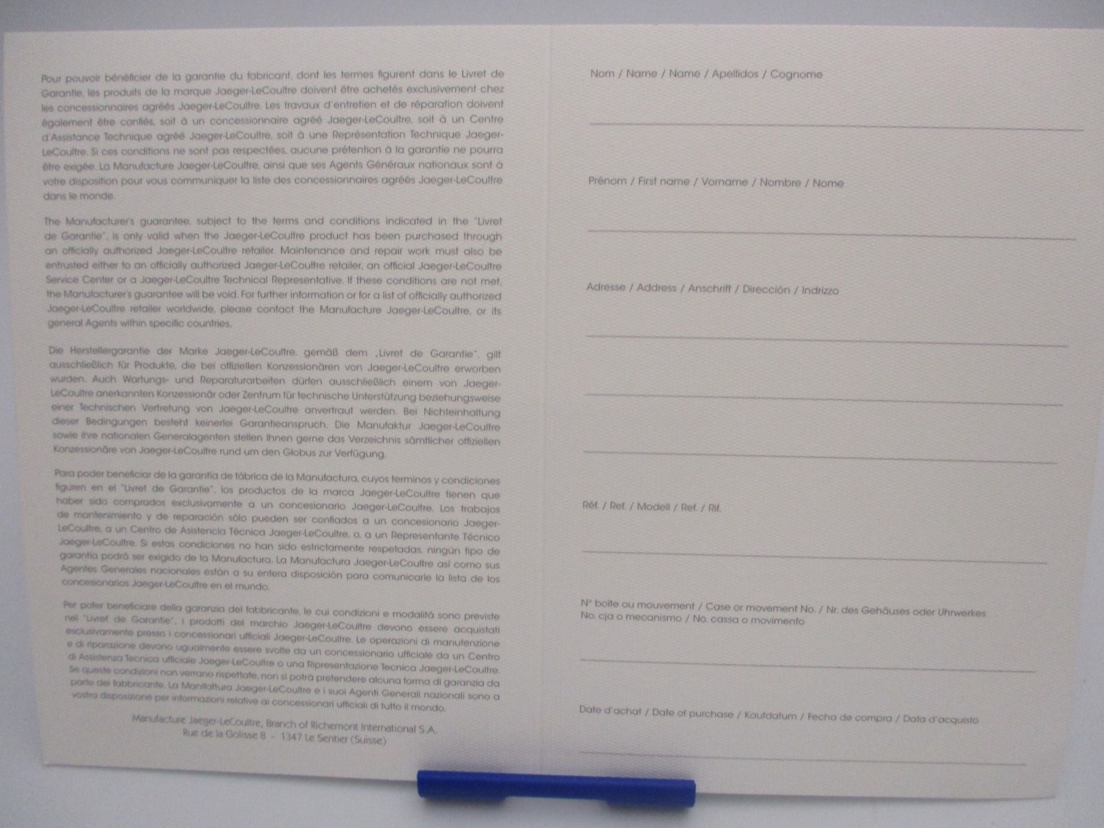 Jaeger LeCoultre Watch Guarantee Certificate Certificat de Garantie Blank Label