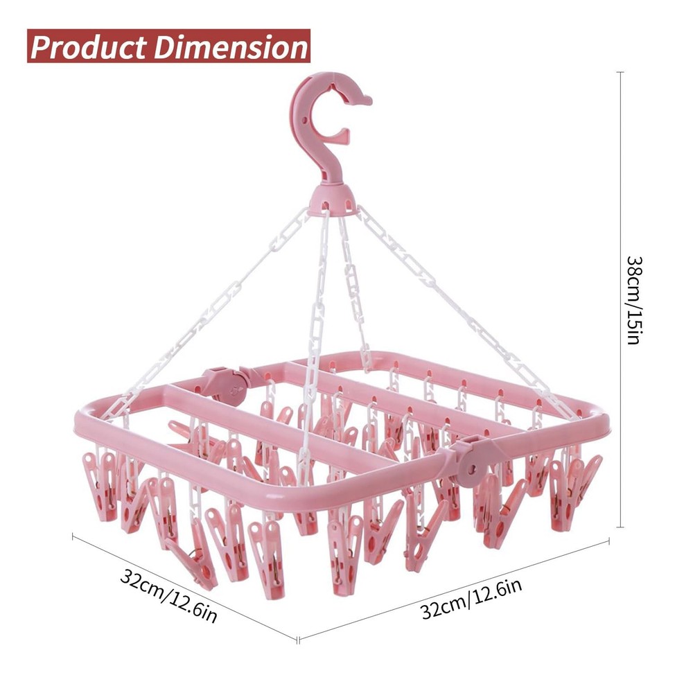 Clothes Drying Rack with 32 Clips, Foldable Hanging Rack, 360° Rotatable