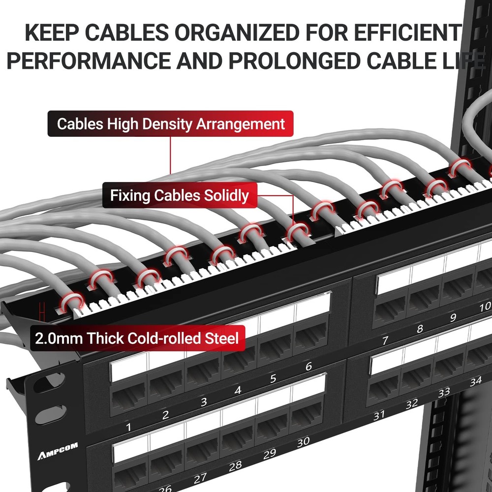 AMPCOM Premium Series CAT6 48 Ports Patch Panel, Rack Mount - 2U, 19 inch, RJ45