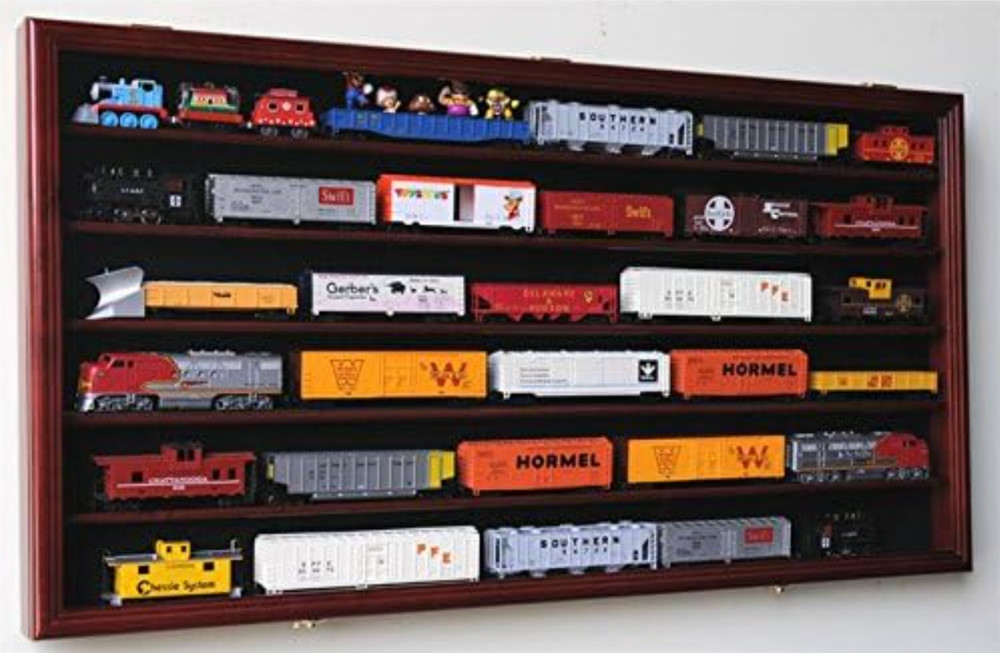 HO Scale Model Train Display Case Lockable Collection Shelf Cabinet Cherry LARGE