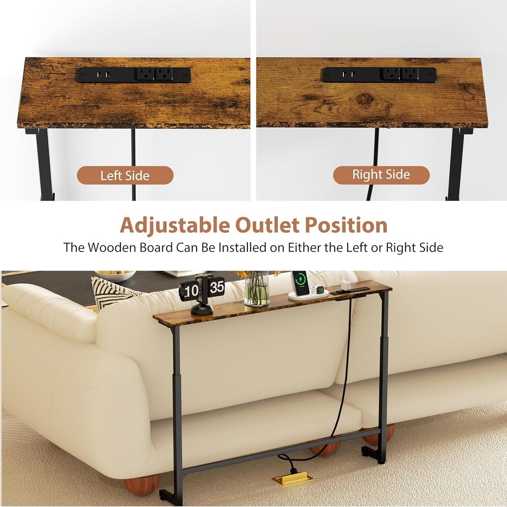 45" Adjustable Height Narrow Console Table W/ Power Outlets Long Sofa Table Home