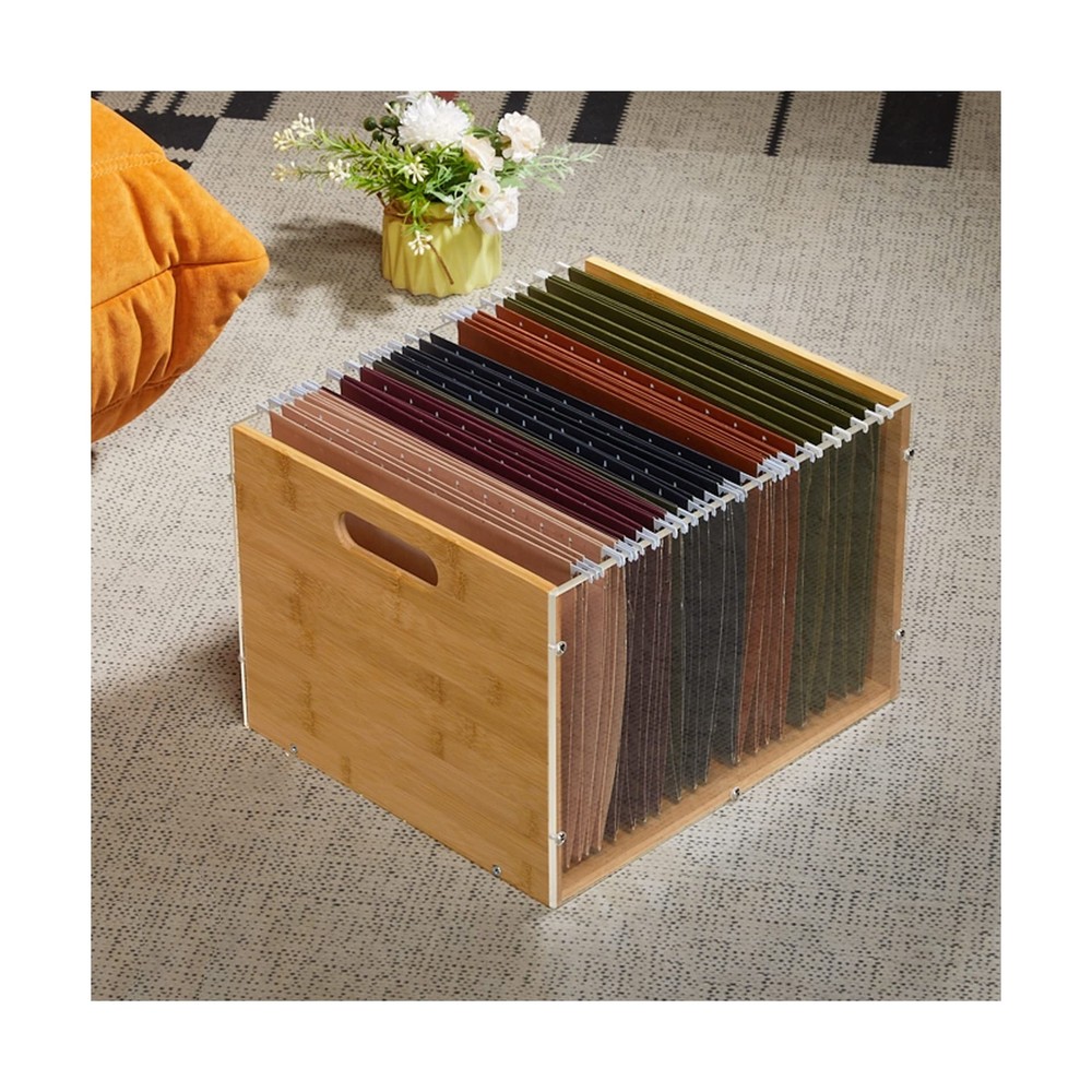 Clear Acrylic File Box Organizer, Bamboo Hanging Folder Storage Box... Fast Ship