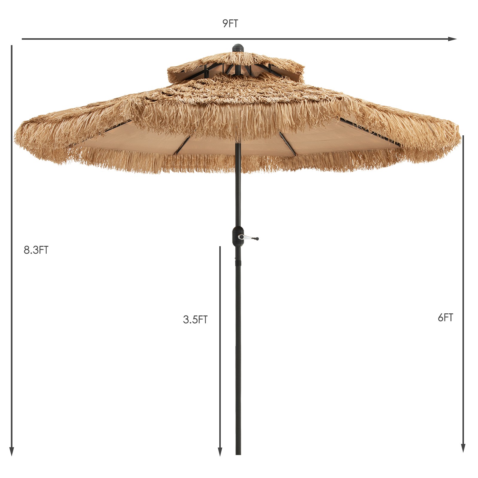 9 ft Thatched Tiki Patio Umbrella Beach Pool Sun Shade 2 Tier Hawaiian Crank