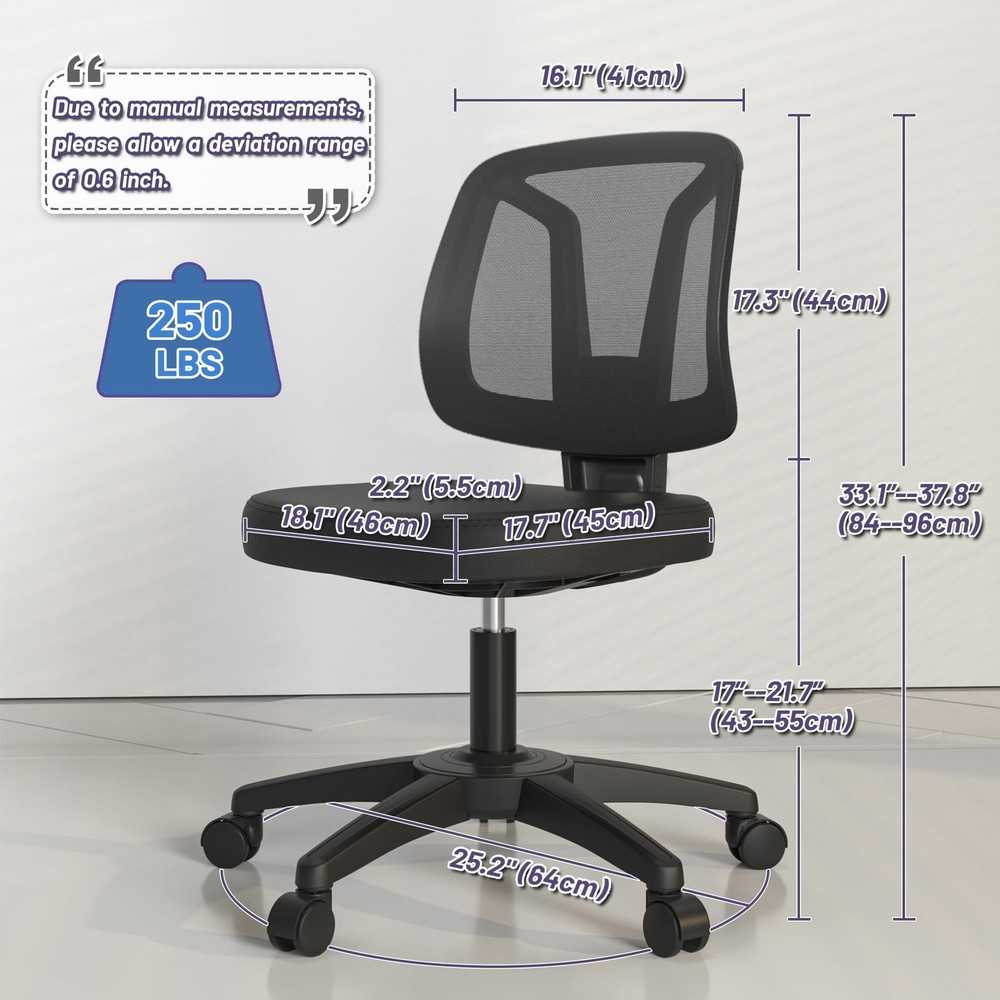 Armless Mid-Back Small Swivel Adjustable Computer Desk Office Chair Without A...