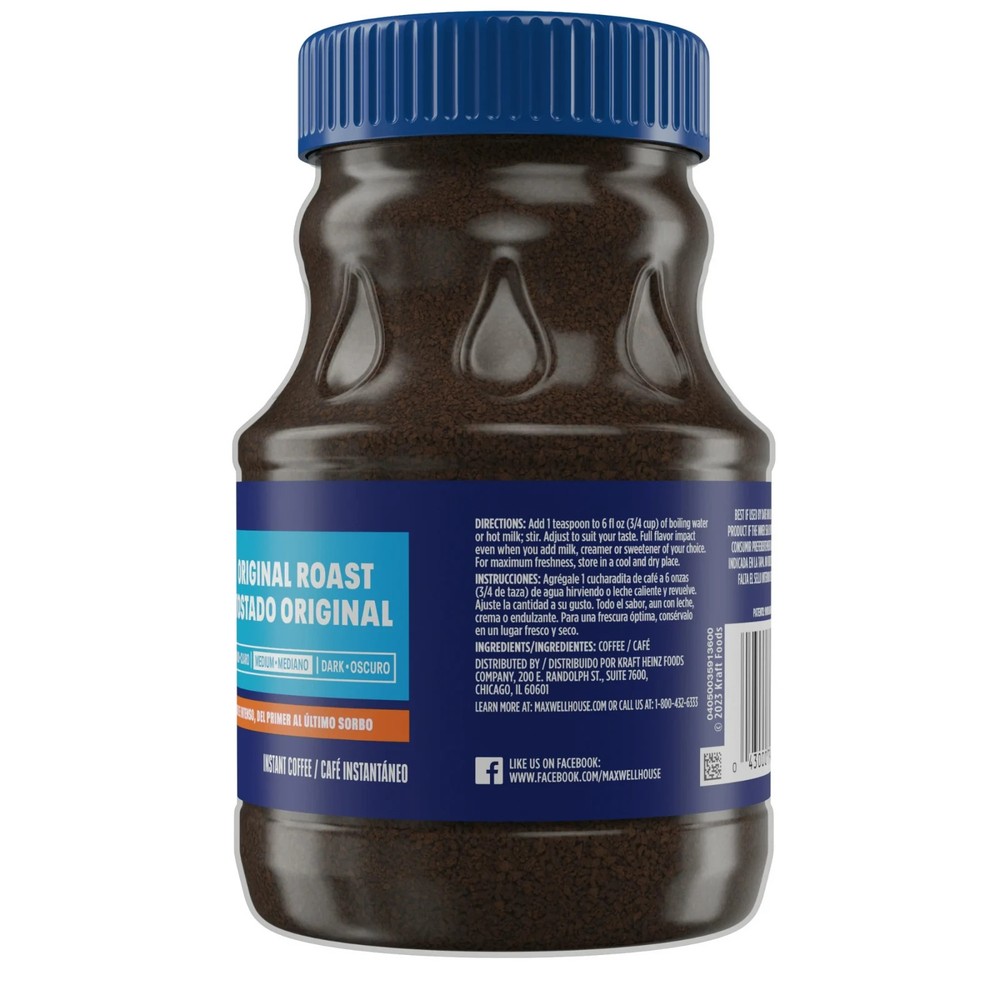 Maxwell House Original Roast Instant Coffee, 8 oz Jar.