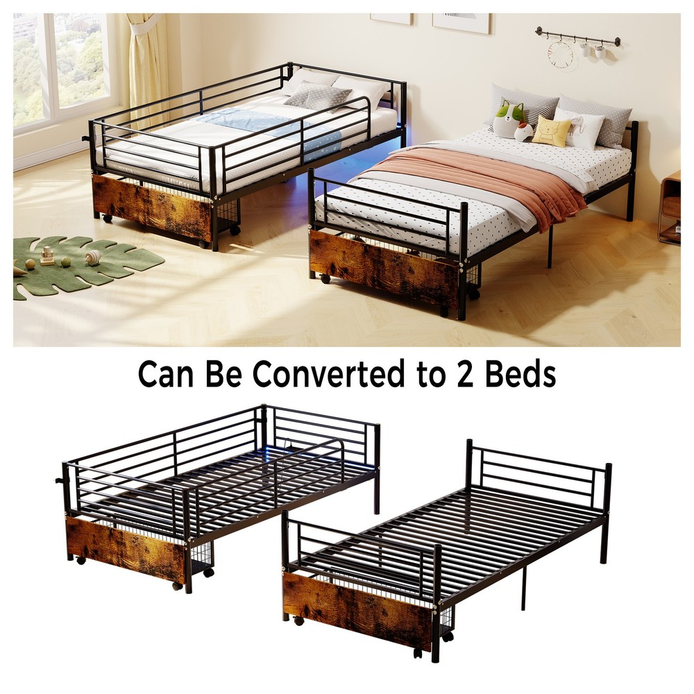 Bunk Bed with USB Charging Station, Able to Split, Metal Bunk Bed, Storage Space