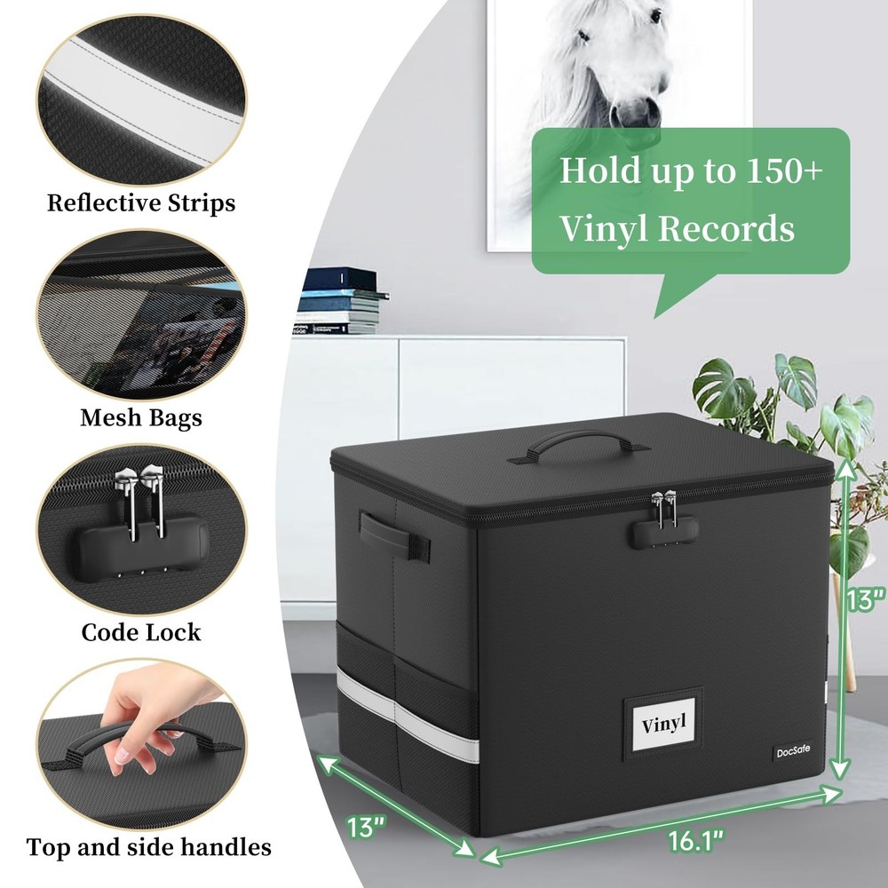 DocSafe Fireproof Vinyl Record Storage Box with Lock,Large Record Organizer S...