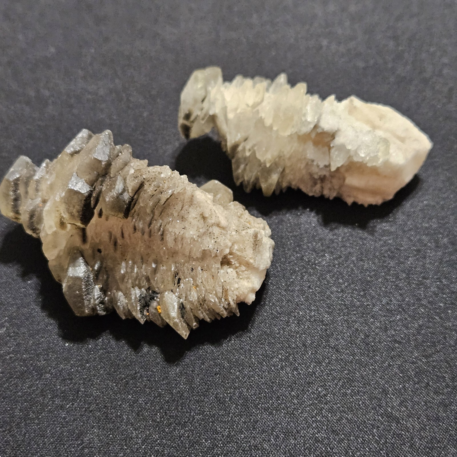 Lot Of 2 Pagoda Calcite Crystals, Step Stones With Hematite, UV Fluorescent