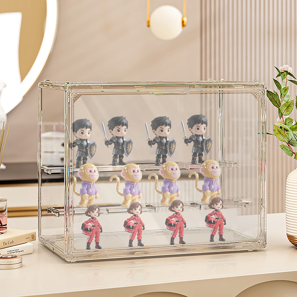 Clear Acrylic 3 Tier Figure Display Case with 2 Movable Plates Stackable Show