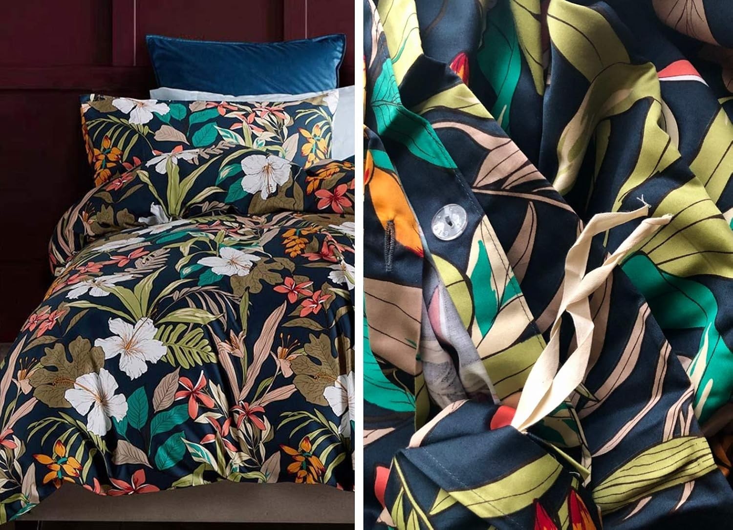 Eikei Midnight Teal Botanical Duvet Cover Egyptian Cotton Bedding Super King Set