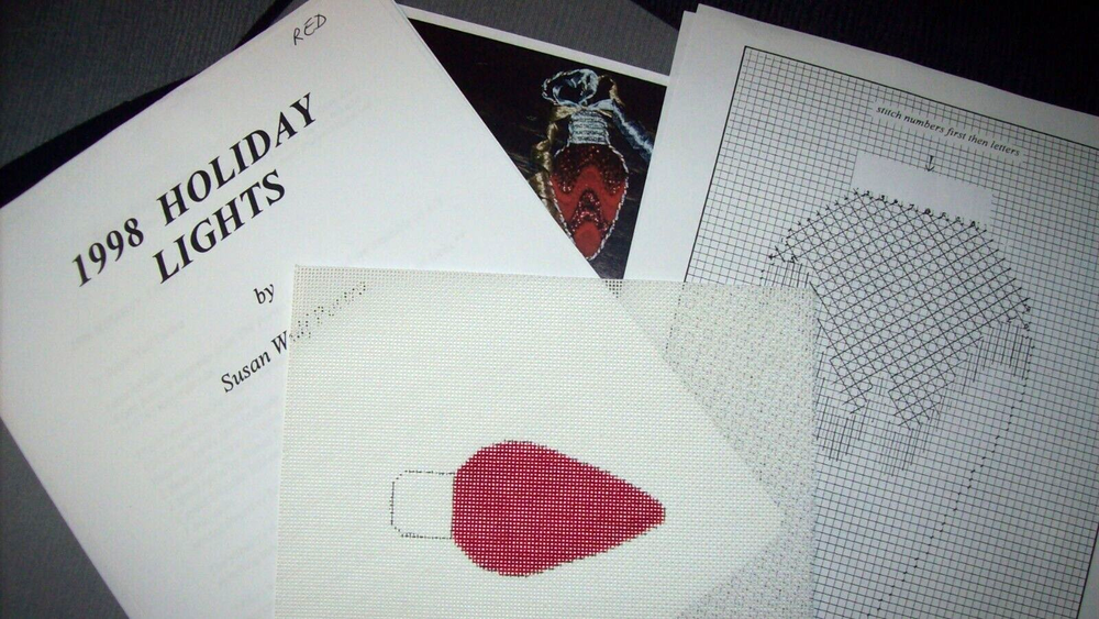1998 HOLIDAY LIGHT BLUB Hand Painted Needlepoint Canvas w/ Instructions ~ RED