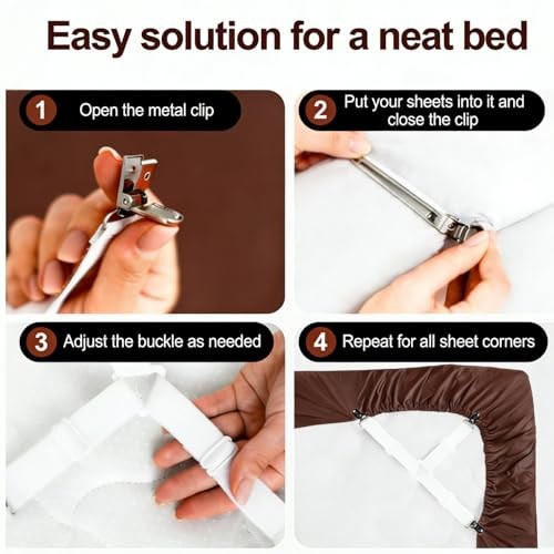 Bed Sheet Straps Set 4 Pack, Adjustable Elastic Sheet Holders for Corners with