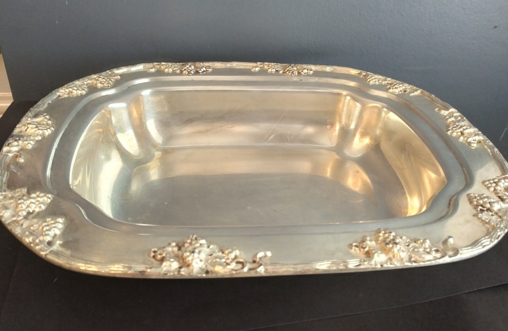 Antique silver serving dish with handled lid, grape design