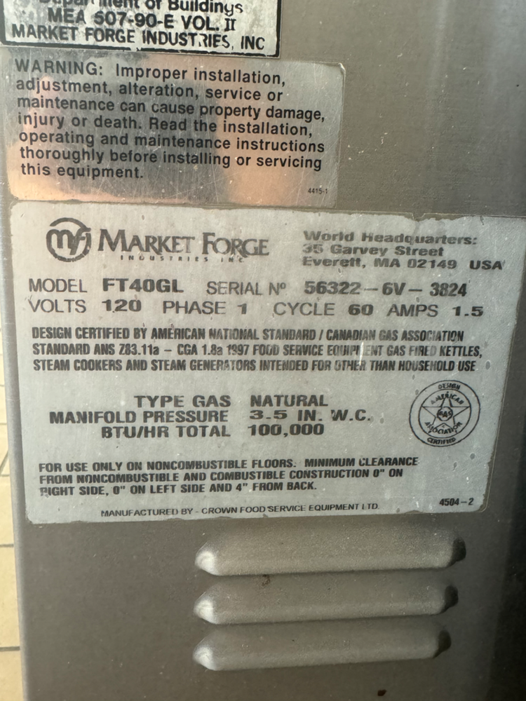 Market Forge FT40GL 40 Gallon Jacketed Tilt Kettle