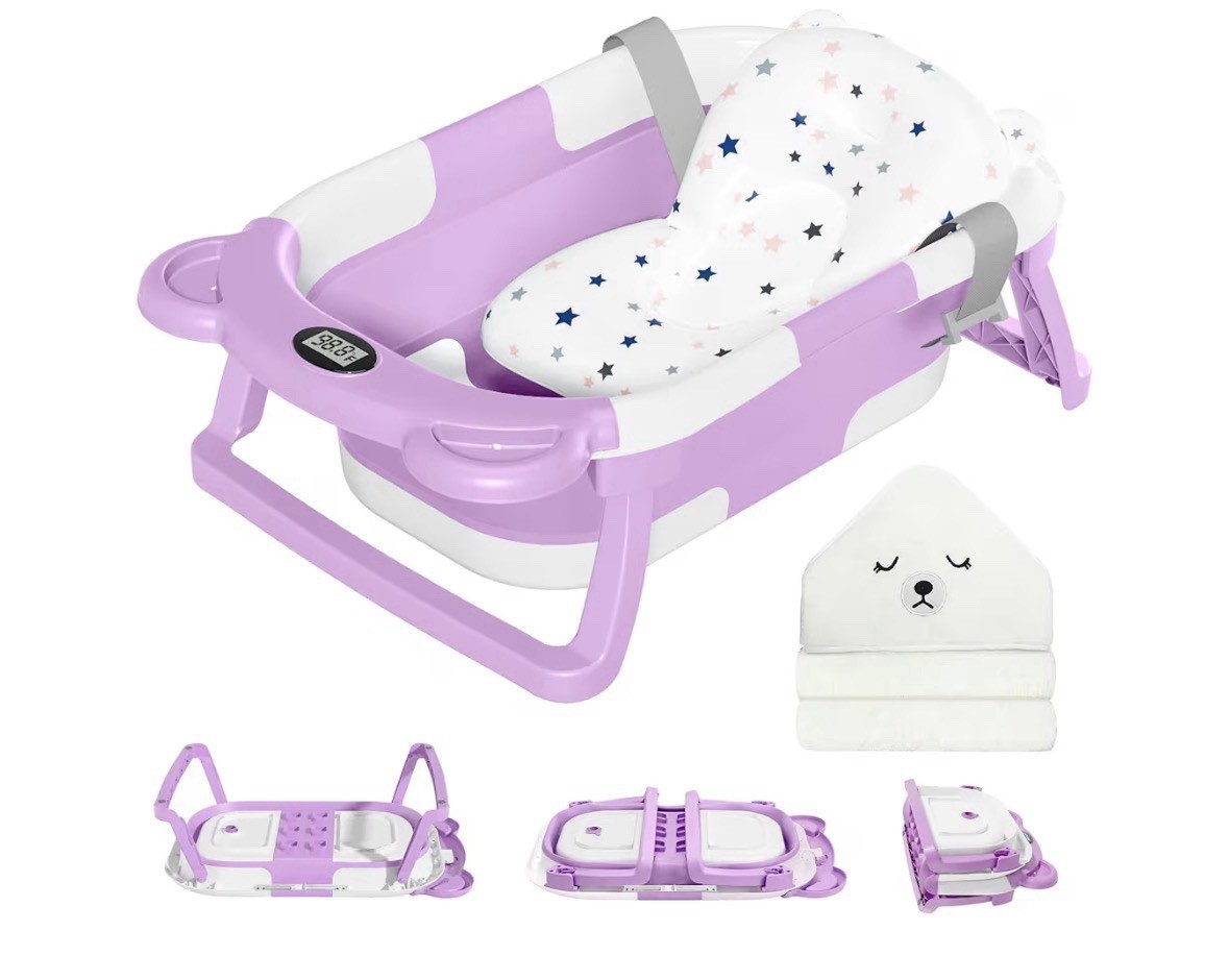 MoreFeel Collapsible Baby Bathtub for Newborn with Thermometer 1 Hooded Towel