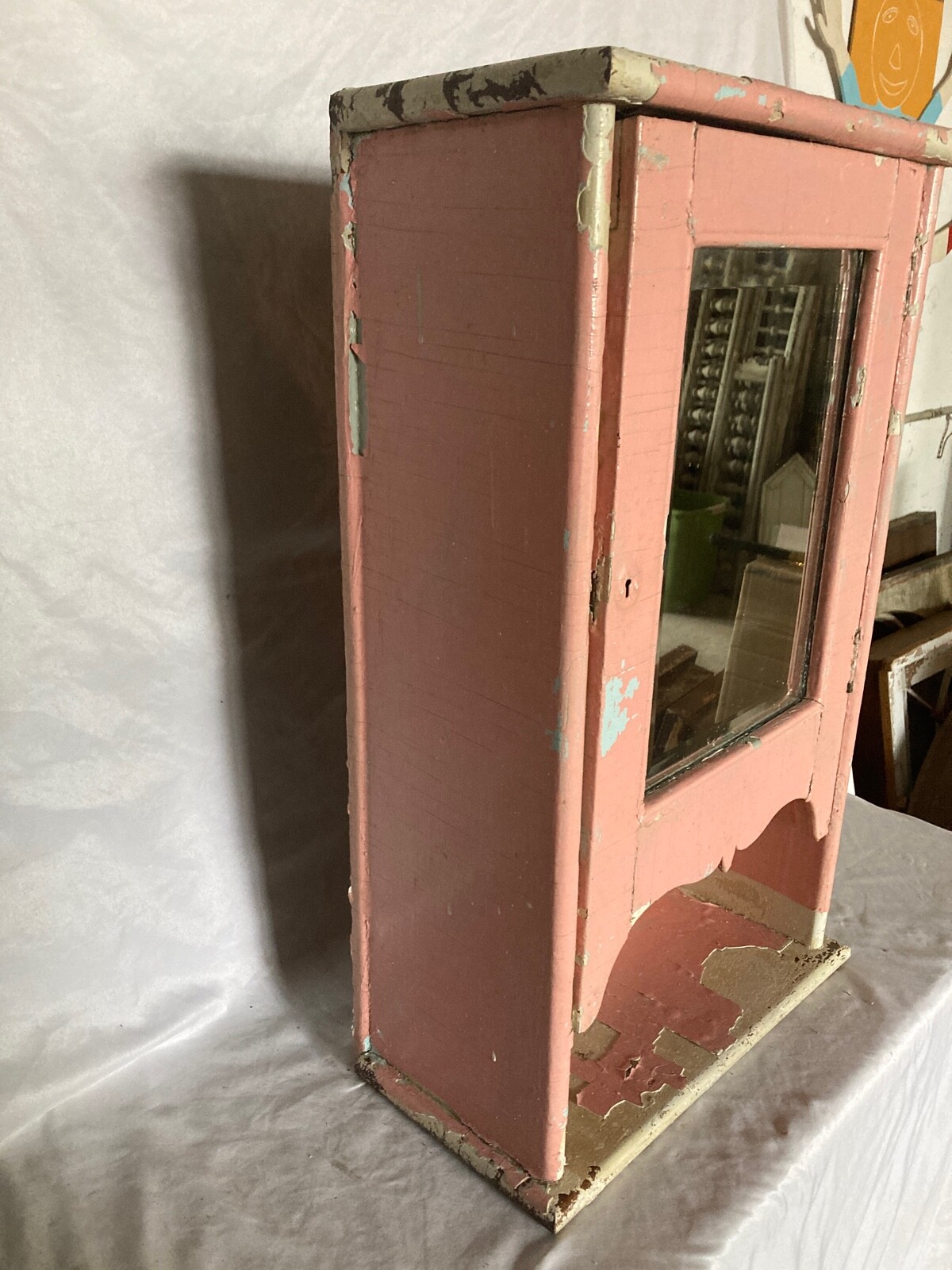 Shabby Antique Oak Medicine Cabinet Beveled Mirror Pink Cottage Chic Vtg 47-26E