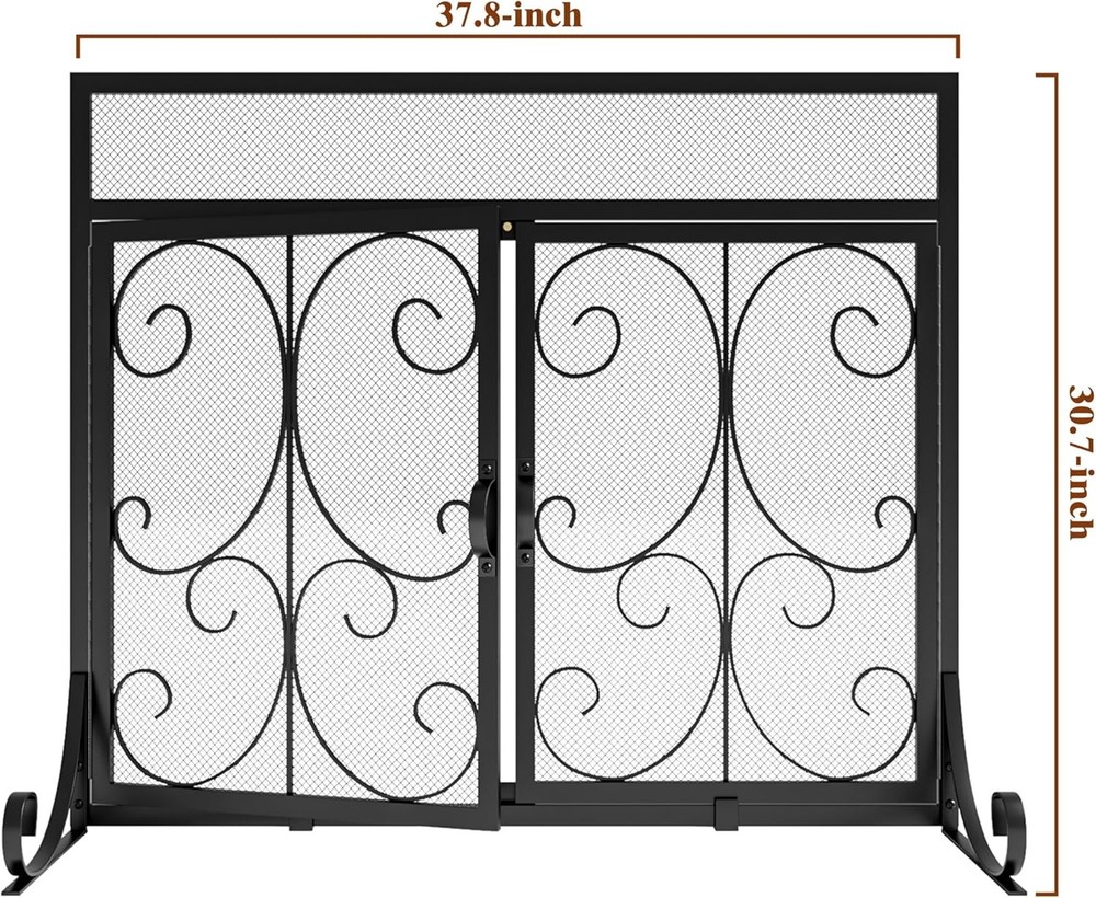 Flat Fireplace Screen with Doors, Wrought Iron Frame with Metal Mesh, Flat Panel