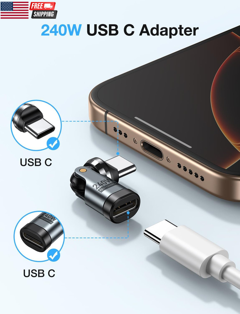 USB C Adapter [2-Pack], PD 240W USB C 90 Degree Adapter, USB Type C Right Angle